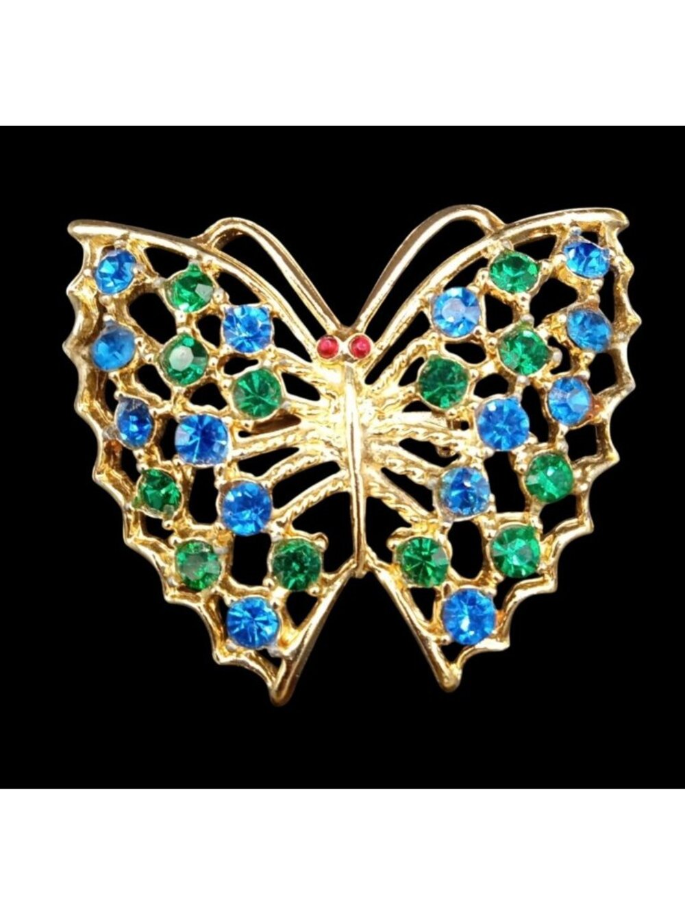 Butterfly Brooch Blue Green Rhinestone Gold Tone Vintage Pin 2.25 Inch